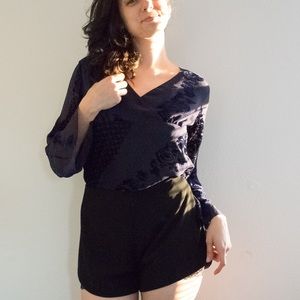 Navy Blue Velvet Rose Detailed Flowy Top